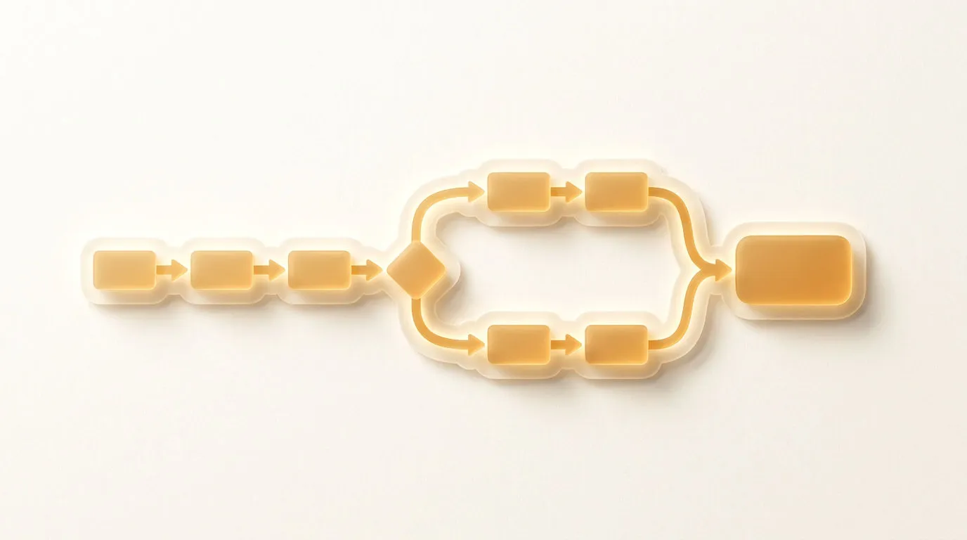 Leuchtendes Prozess-Flussdiagramm aus warmem Amber-Licht mit Knoten, Pfeilen und Verzweigungen