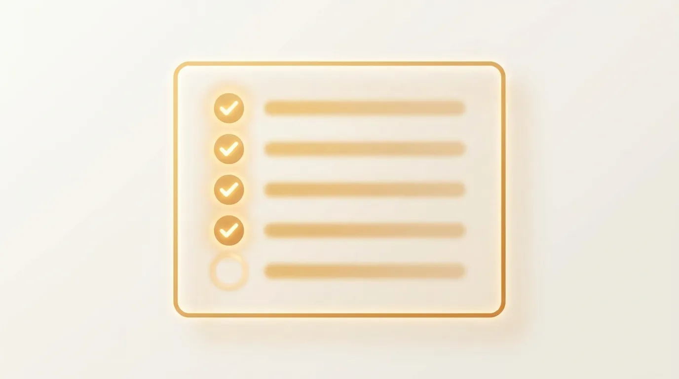 Elegante Checkliste mit aufleuchtenden goldenen Häkchen als Sinnbild für bestandene automatisierte Tests