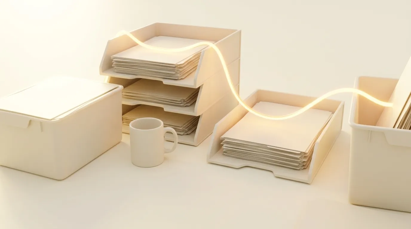 Aufgeräumter Schreibtisch, auf dem ein warmer Lichtfluss die Arbeit ordnet