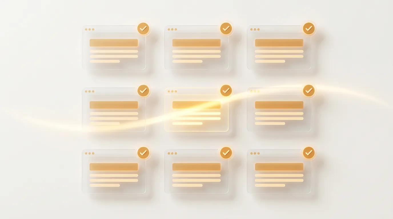 Mehrere stilisierte Browserfenster mit goldenen Häkchen, eines wird von einem Lichtstrahl geprüft