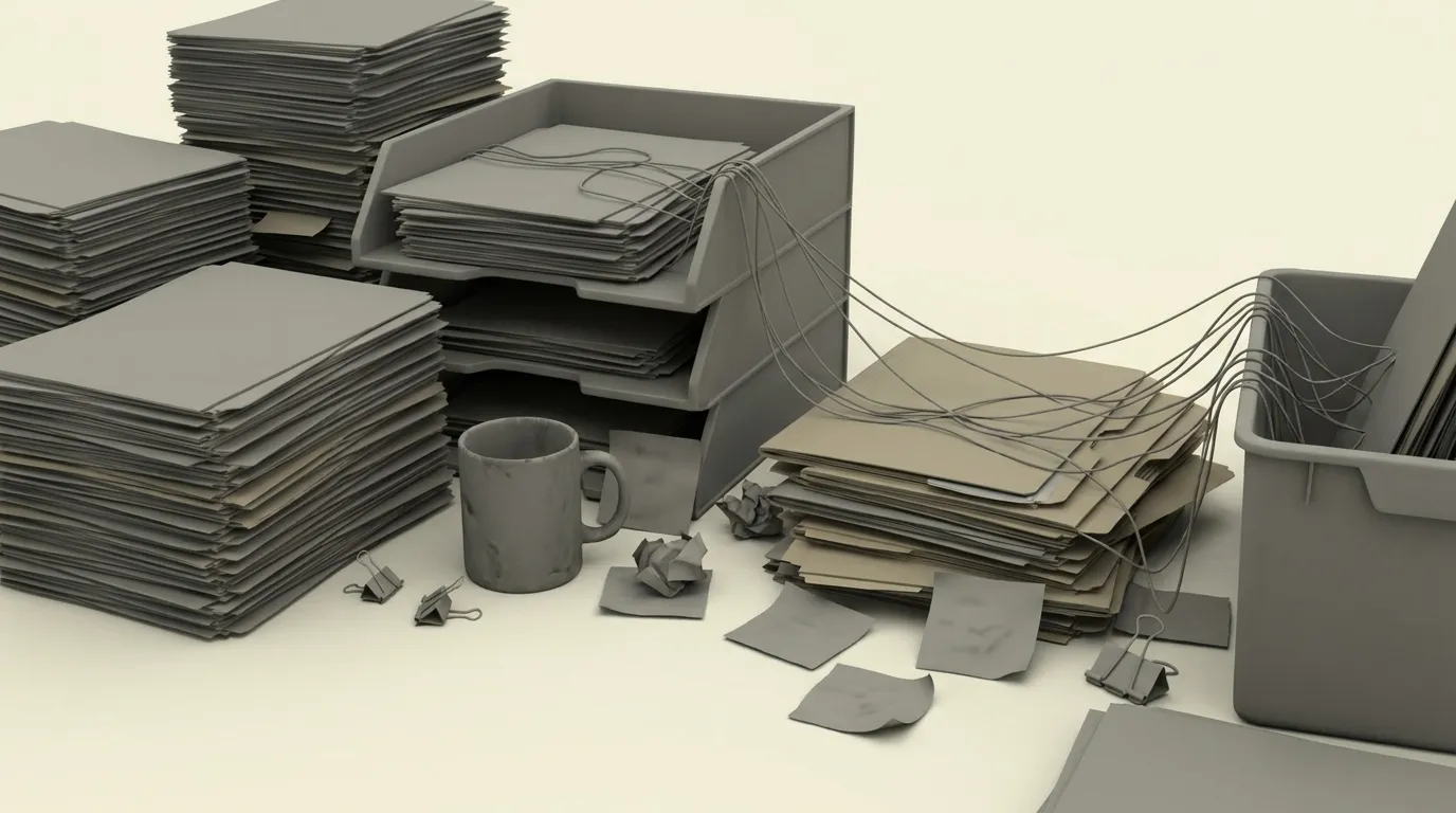 Überladener Schreibtisch mit Papierstapeln, Zetteln und grauem Durcheinander